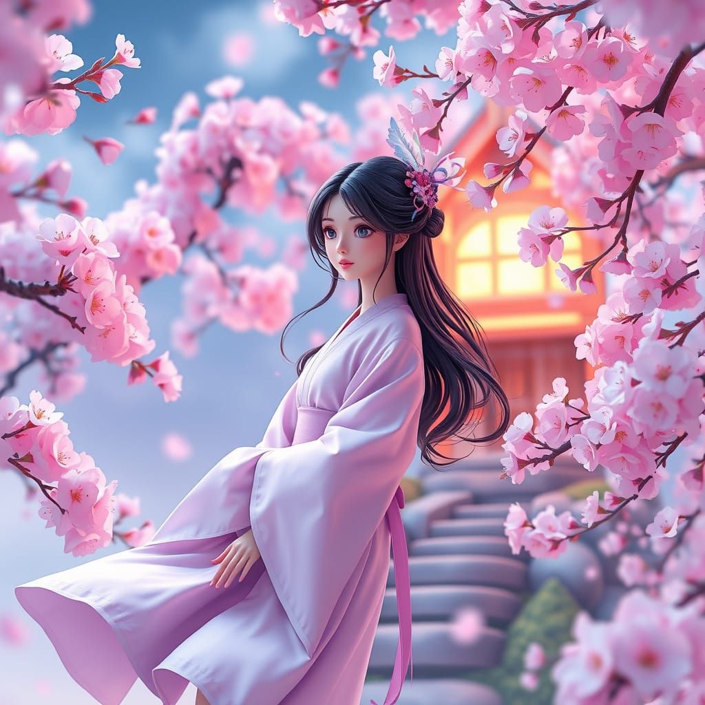 Woman in Lavender Robes Amidst Cherry Blossoms