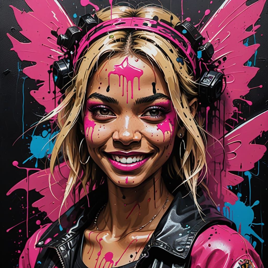 Vibrant Fairy Princess Graffiti Portrait in Hot Pink and Bla...