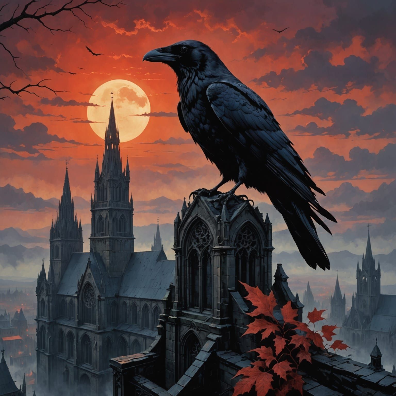 Mysterious Raven Sits atop Gothic Cathedral at Sunset