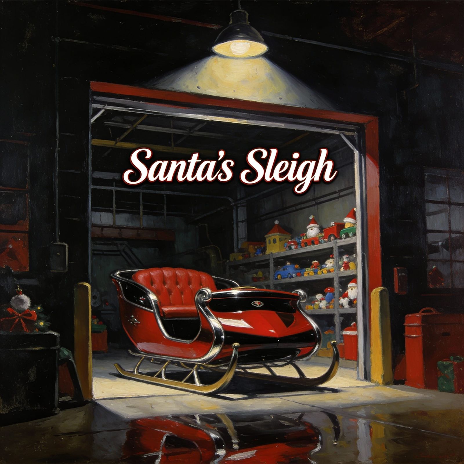 Santa's Sleigh at Toy Factory Exit, Rich Oil Painting Style