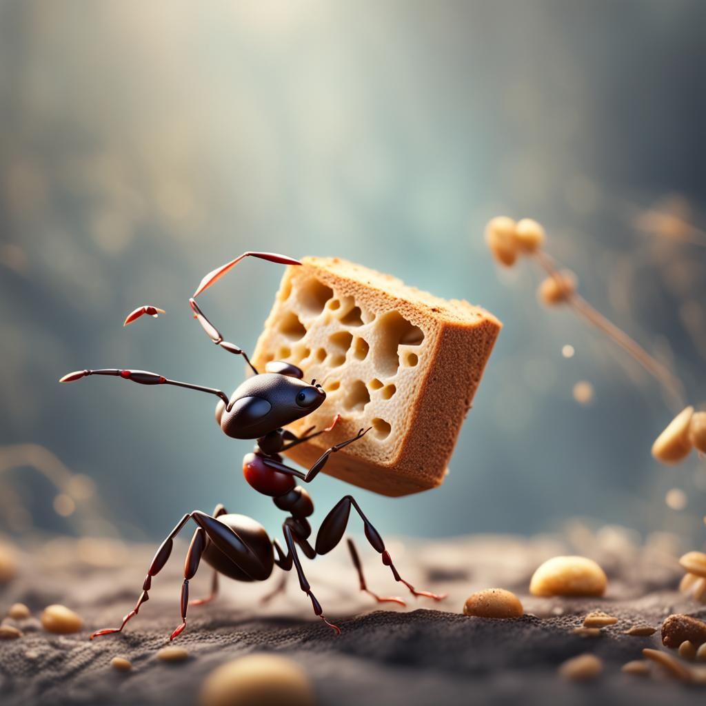 Ant Holding Bread in Macro Photography