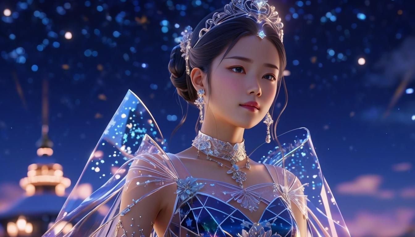 Anime Woman in Glass Dress, 3D Render