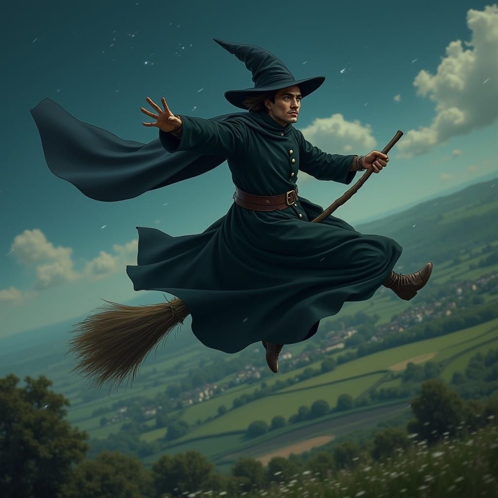 Wizard in High-Speed Flight Across English Countryside