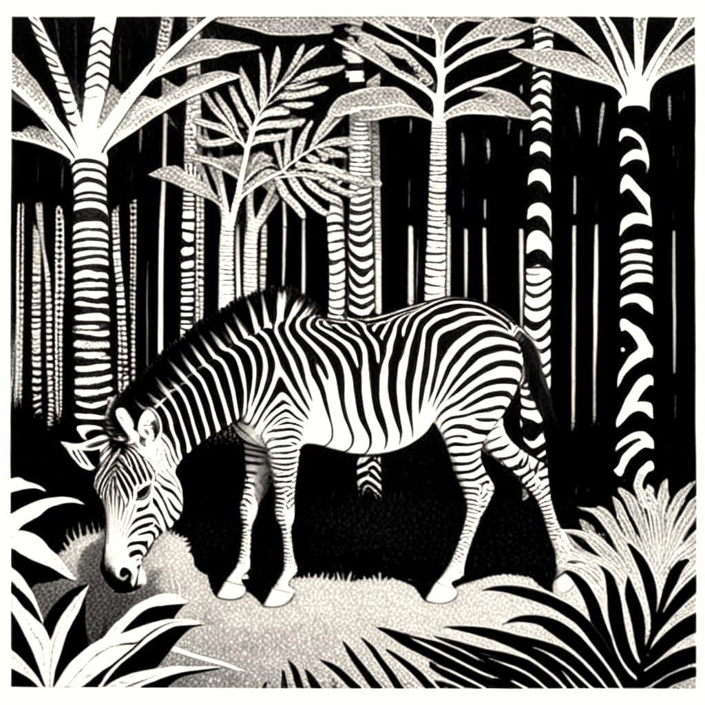 Monochrome Jungle Zebra in Hyperrealist Linocut