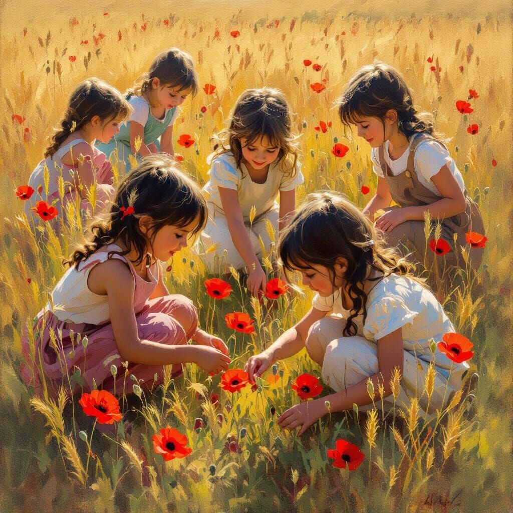 Children Picking Poppies in Golden Wheat Field, Impressionis...