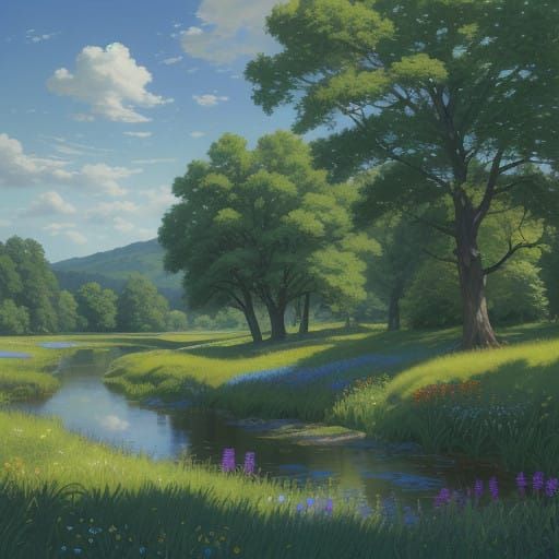 Sunlit Meadows and River in Vibrant Color
