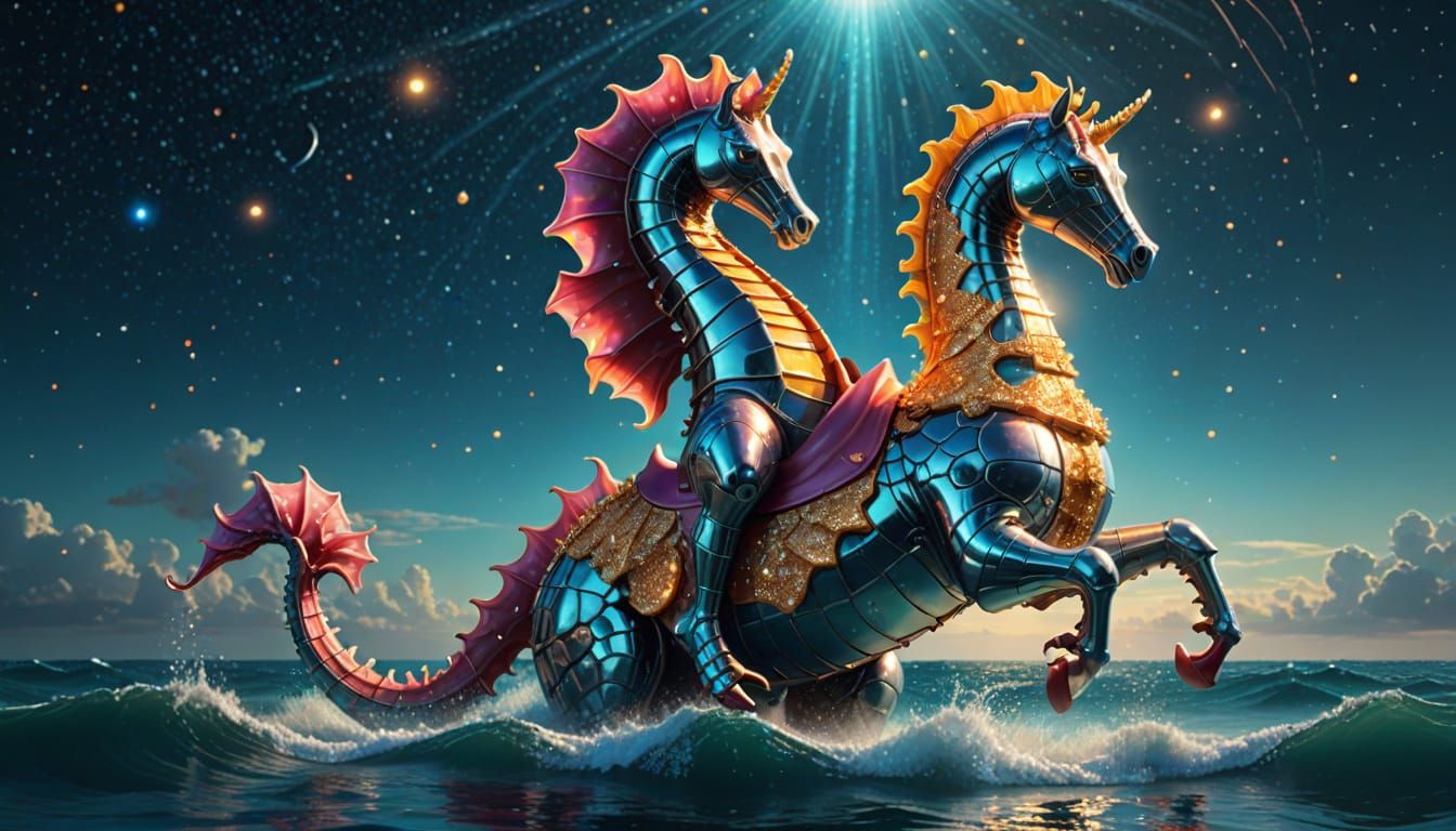 Superheroine on Seahorse in Starry Ocean: Surrealist Paintin...