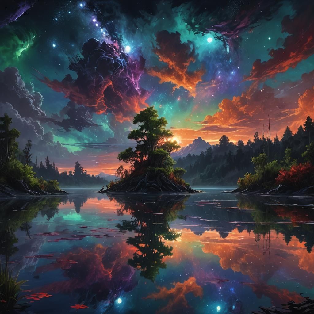 Lake Reflects Galaxy in Hyperrealistic Splash Art