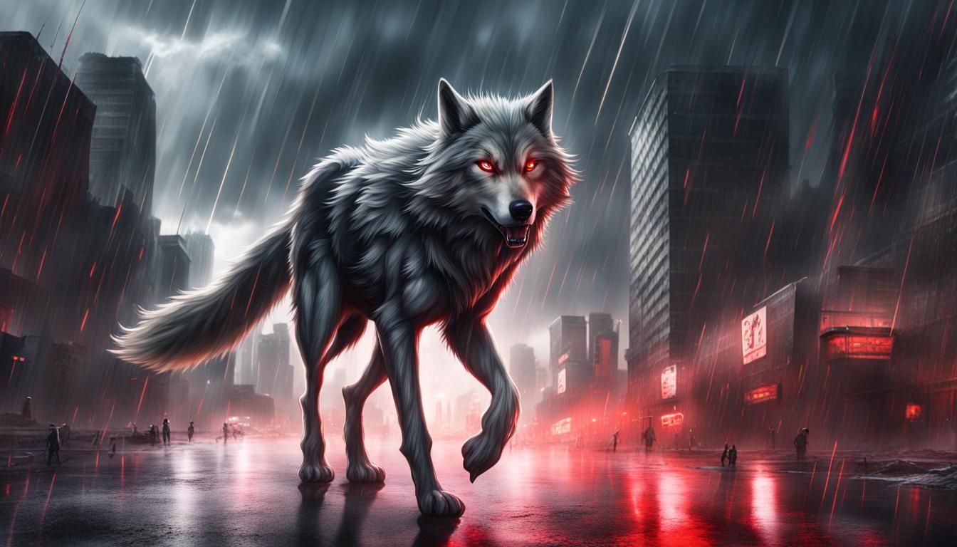 Neon Wolf in Ruined Cityscape Vista