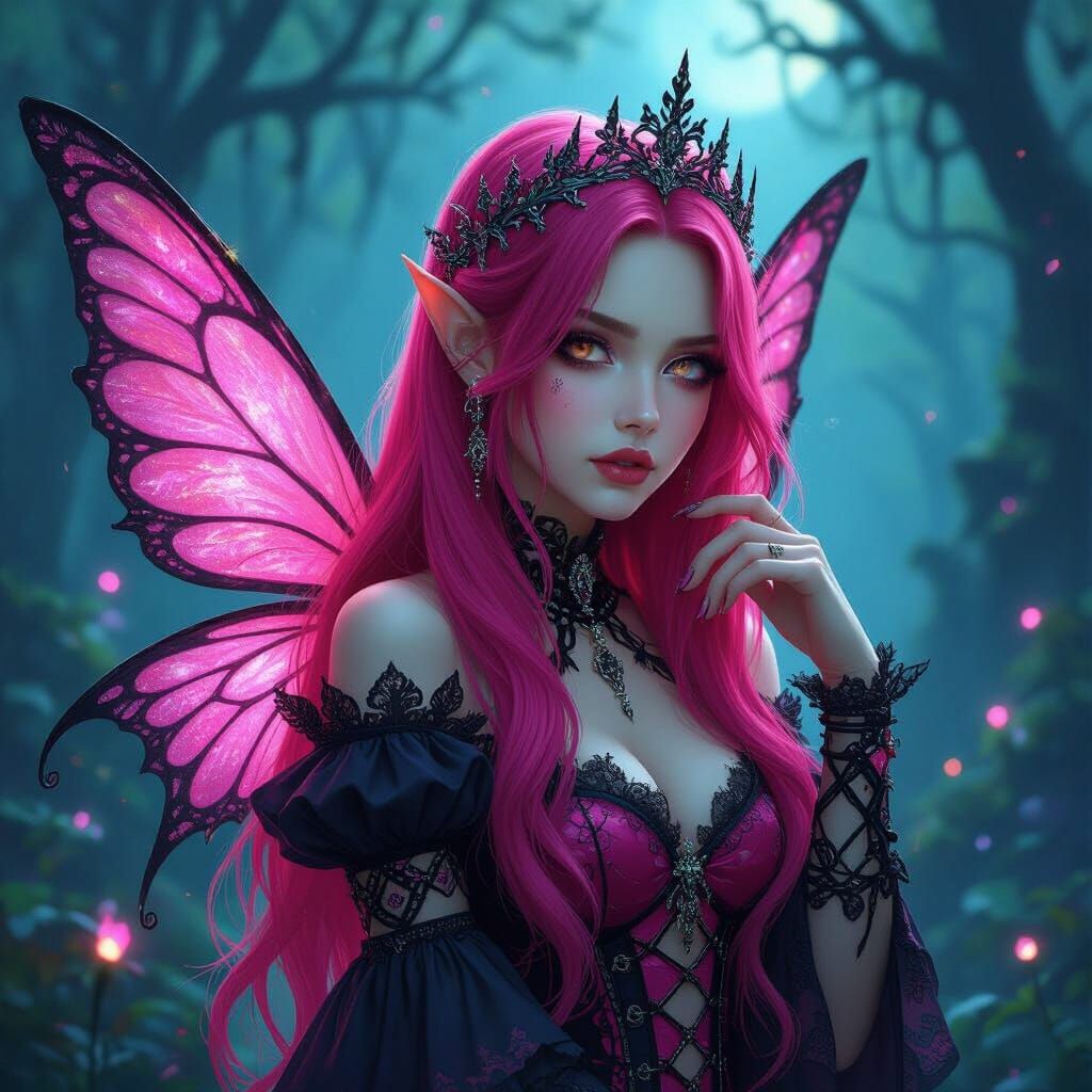 Gothic Fairy Princess with Pink Hair in Moonlit Forest