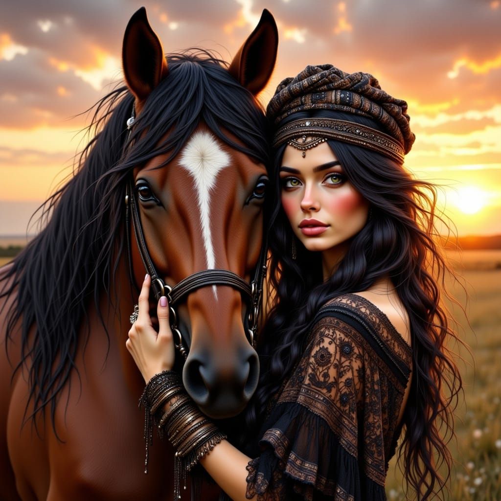 Gypsy Woman & Horse in Sunrise Airbrush Painting