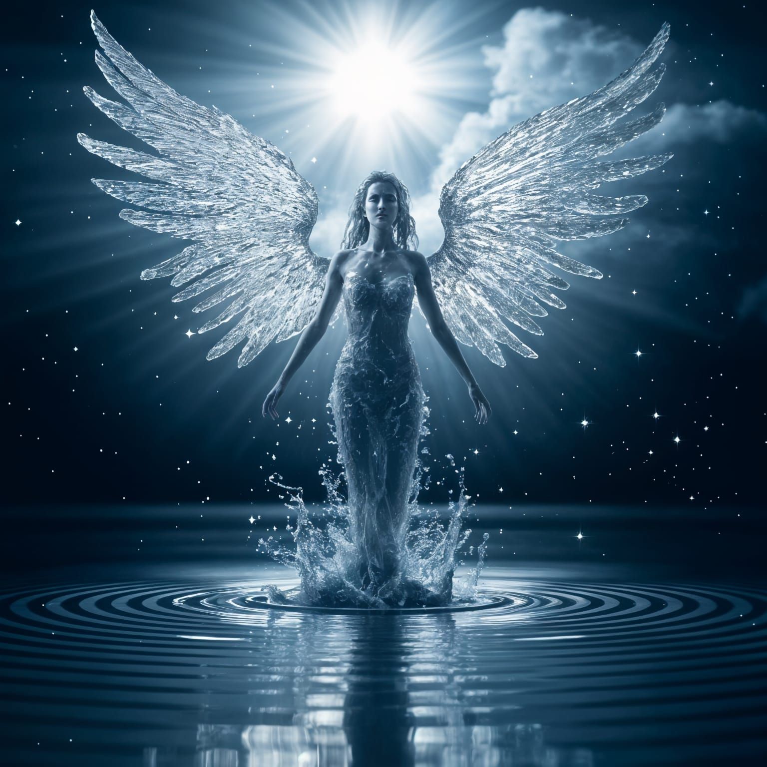 Ethereal Water Angel Rises from a Serene Pond
