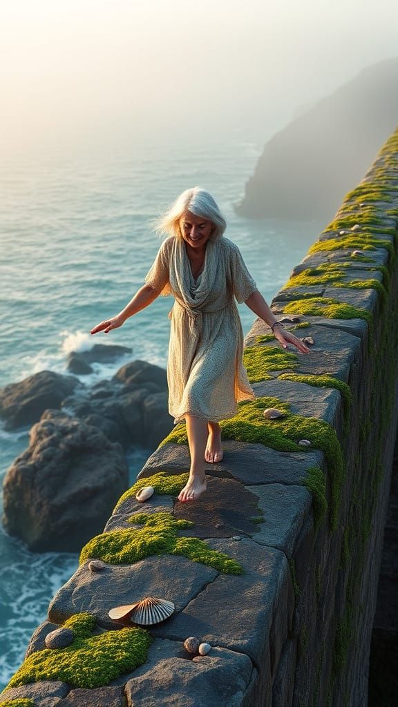 Elder Woman Walks on Wall near Ocean with Serene Smile