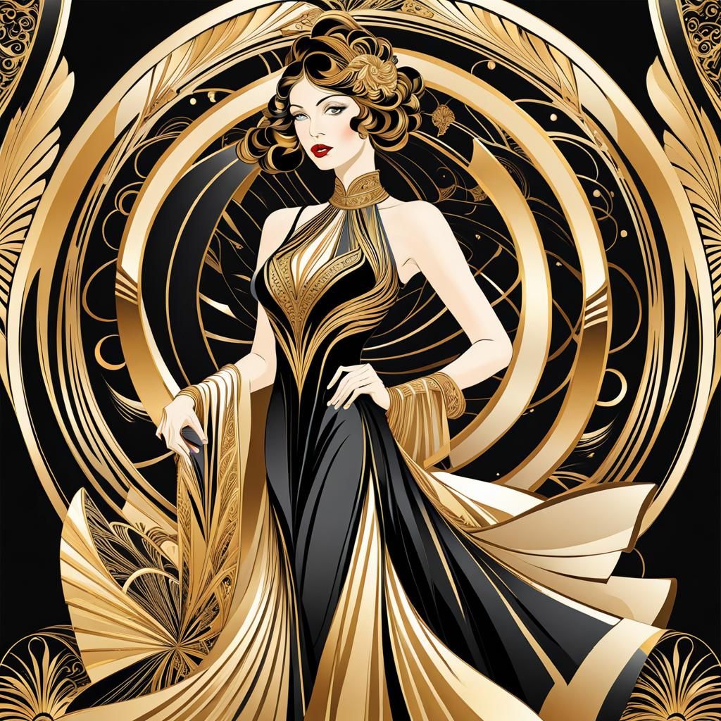 Art Deco Woman in Flowing Gown, Mucha Style