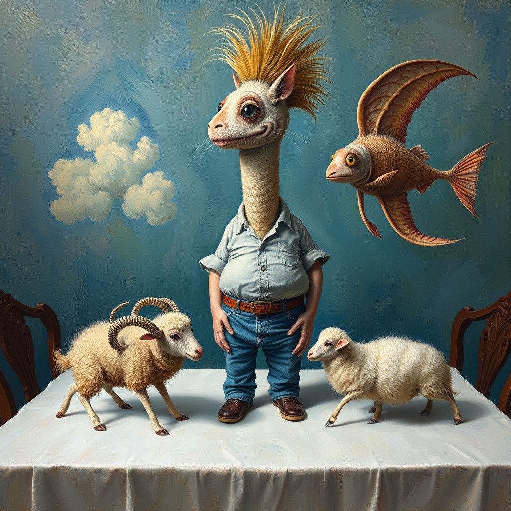 Surreal Mythical Creature on Table, Impasto Painting