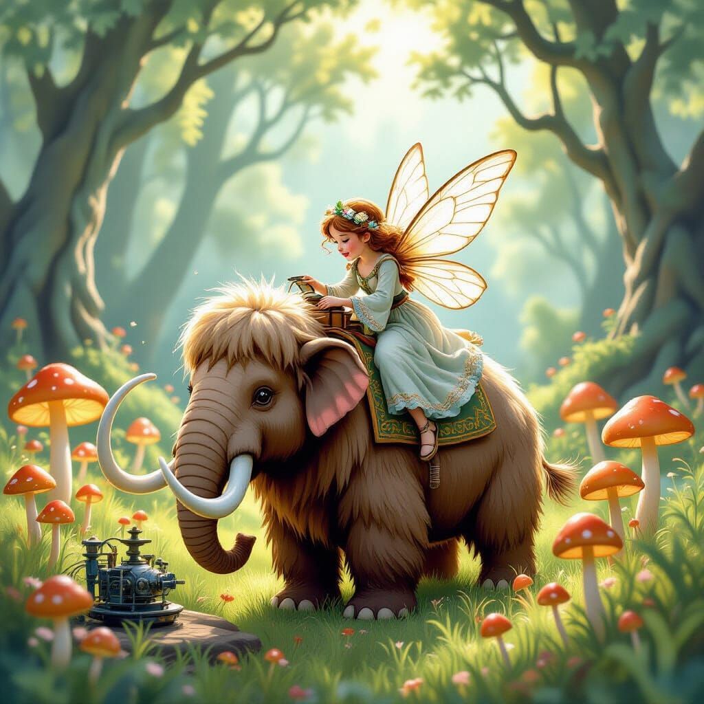 Fairy Rides Mammoth Through Glowing Mushroom Field