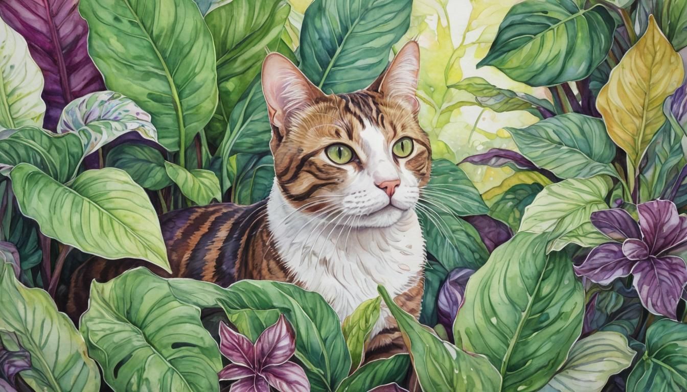 Cat in Calathea Foliage: Watercolor and Ink Art