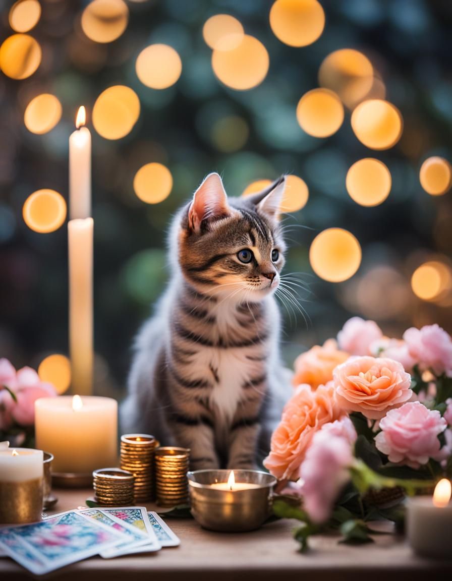 Enchanting Kitten Reading Tarot Cards