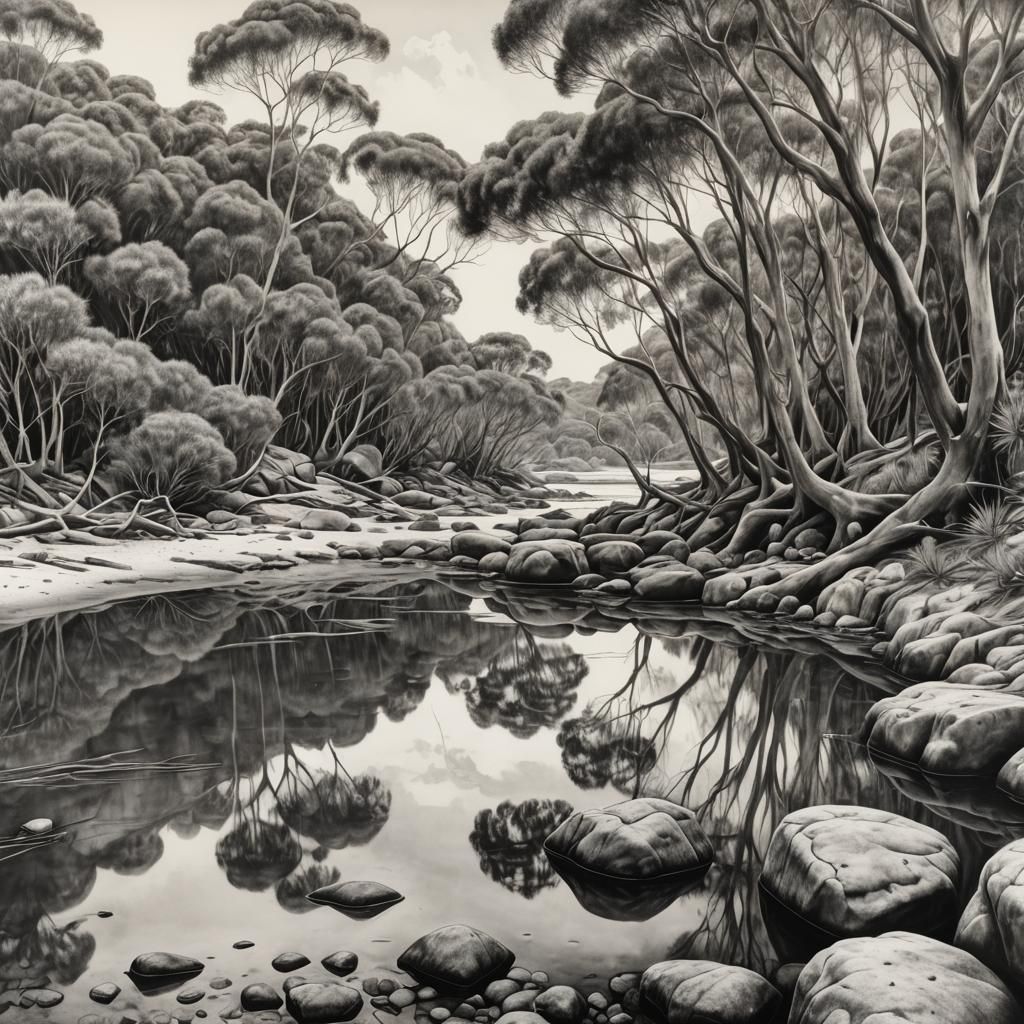 Detailed Charcoal Drawing of Rock Pools and Eucalypti