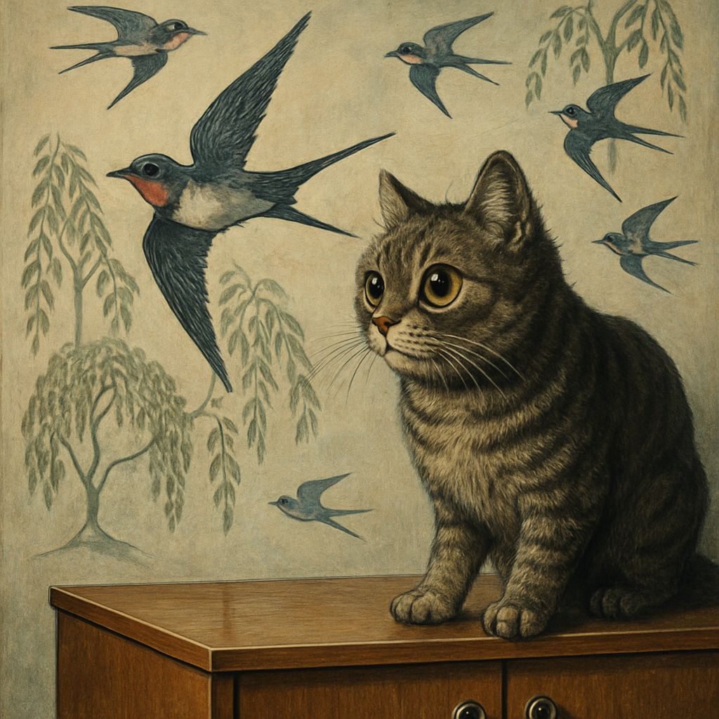 Cat Watching Swallow in Anime Style Wallpaper