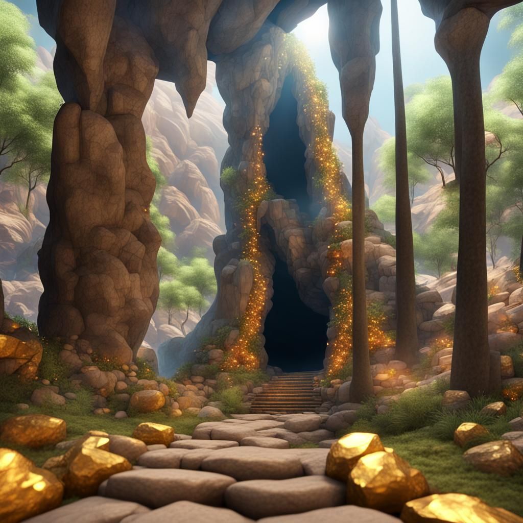 Golden Gemstone Stairway Ascending Mountain in Cave