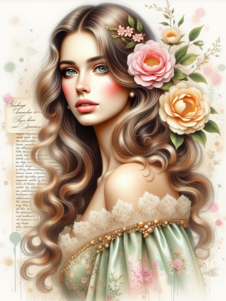 Whimsical Woman Illustration with Mixed Media Elements