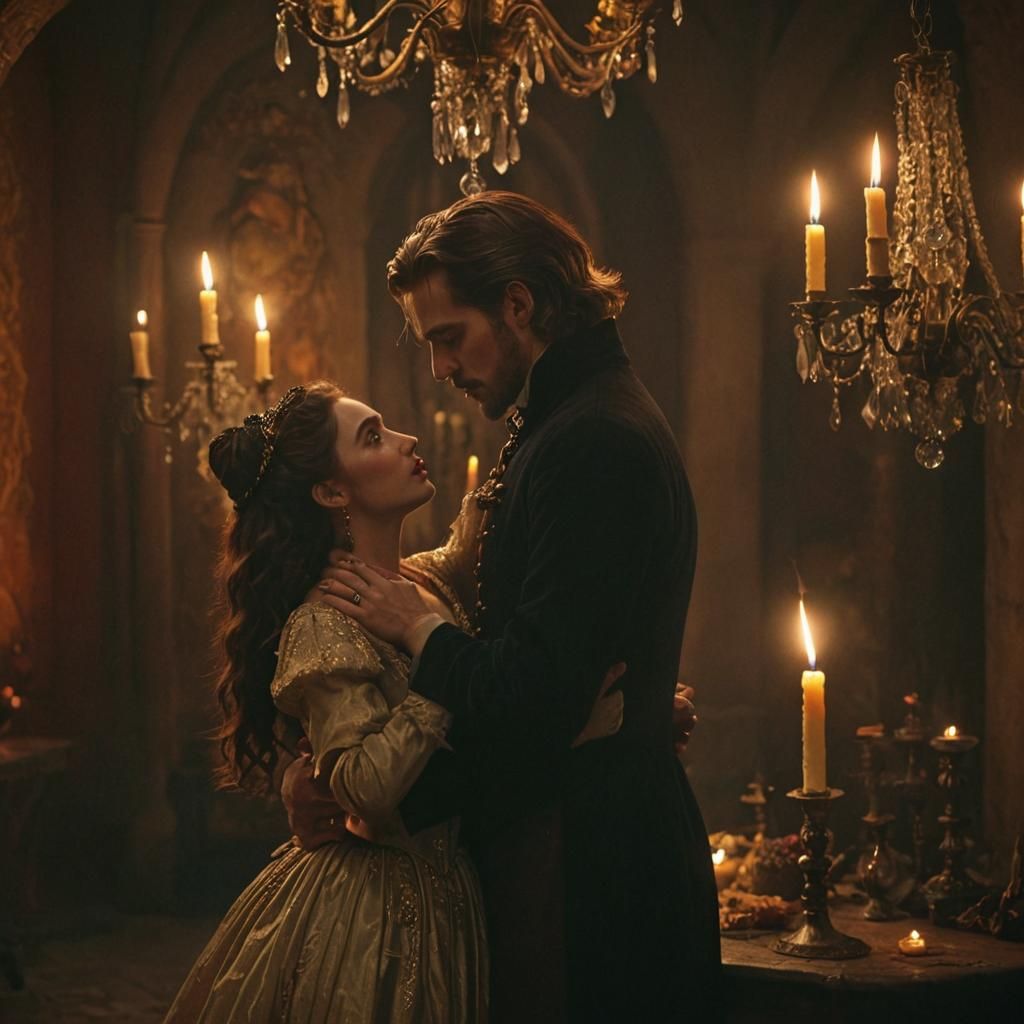 Romantic Vampire and Witch Embrace in Candlelight