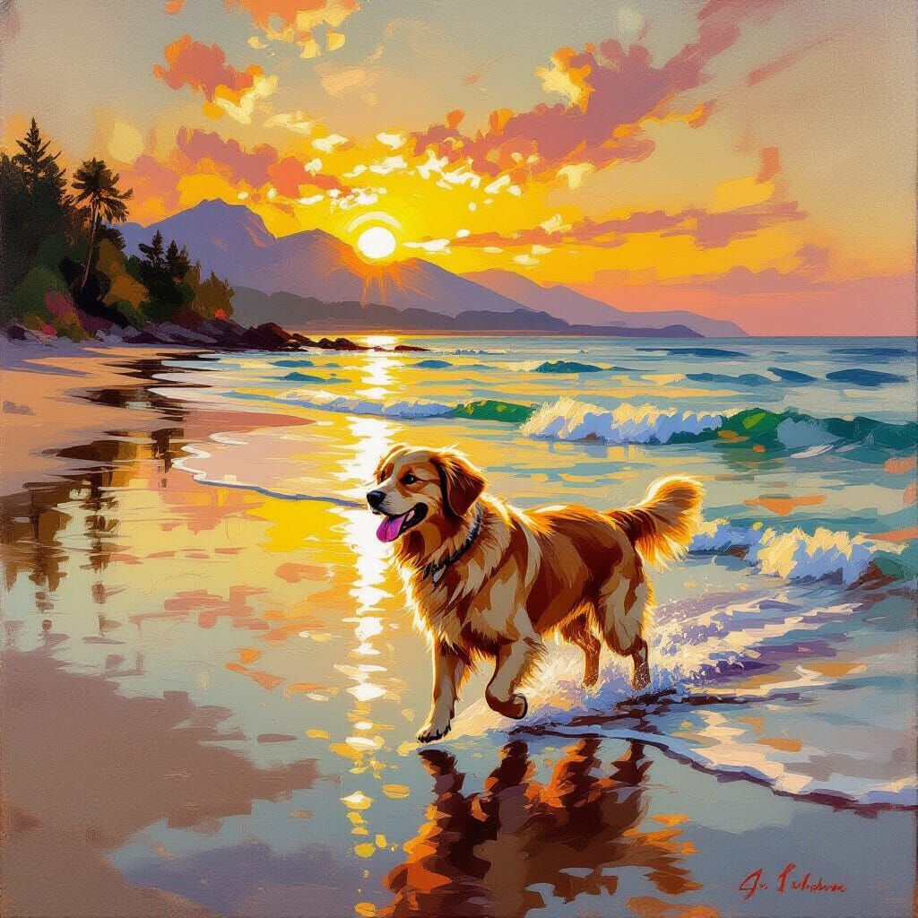 Golden Retriever on Beach at Sunset Oil Painting