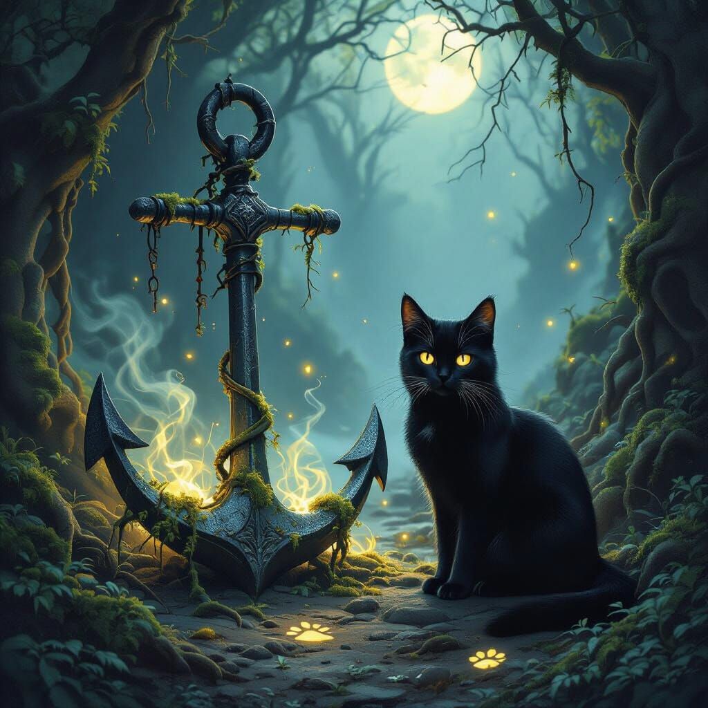 Mystical Black Cat Beside Ancient Anchor in Moonlit Forest