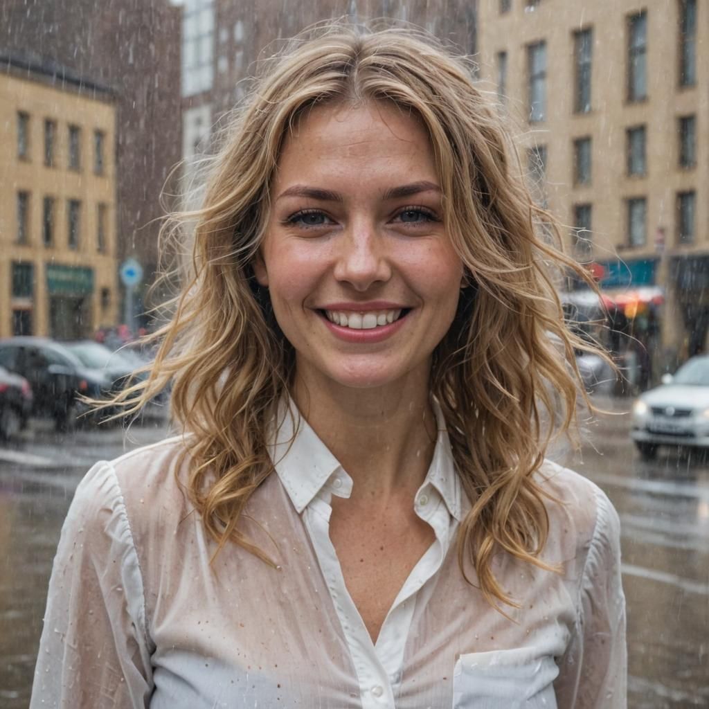 Smiling Woman in Torrential Rain