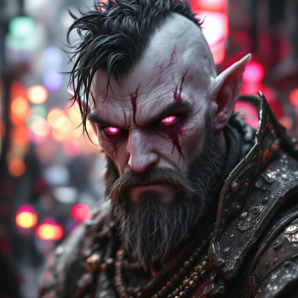 Half-Orc Man With Pink Eyes and White Skin