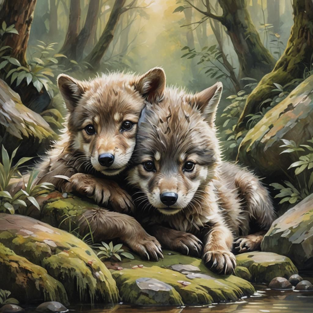 Whimsical Wildlife: Wolf and Otter Cuddle in Pastel Colors