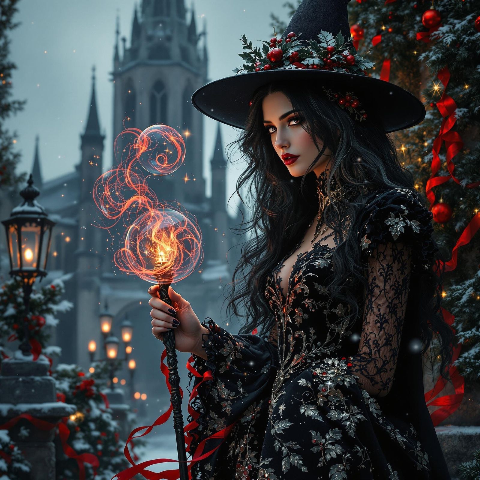 Enchanted Christmas Witch with Raven Hair and Luxurious Velv...