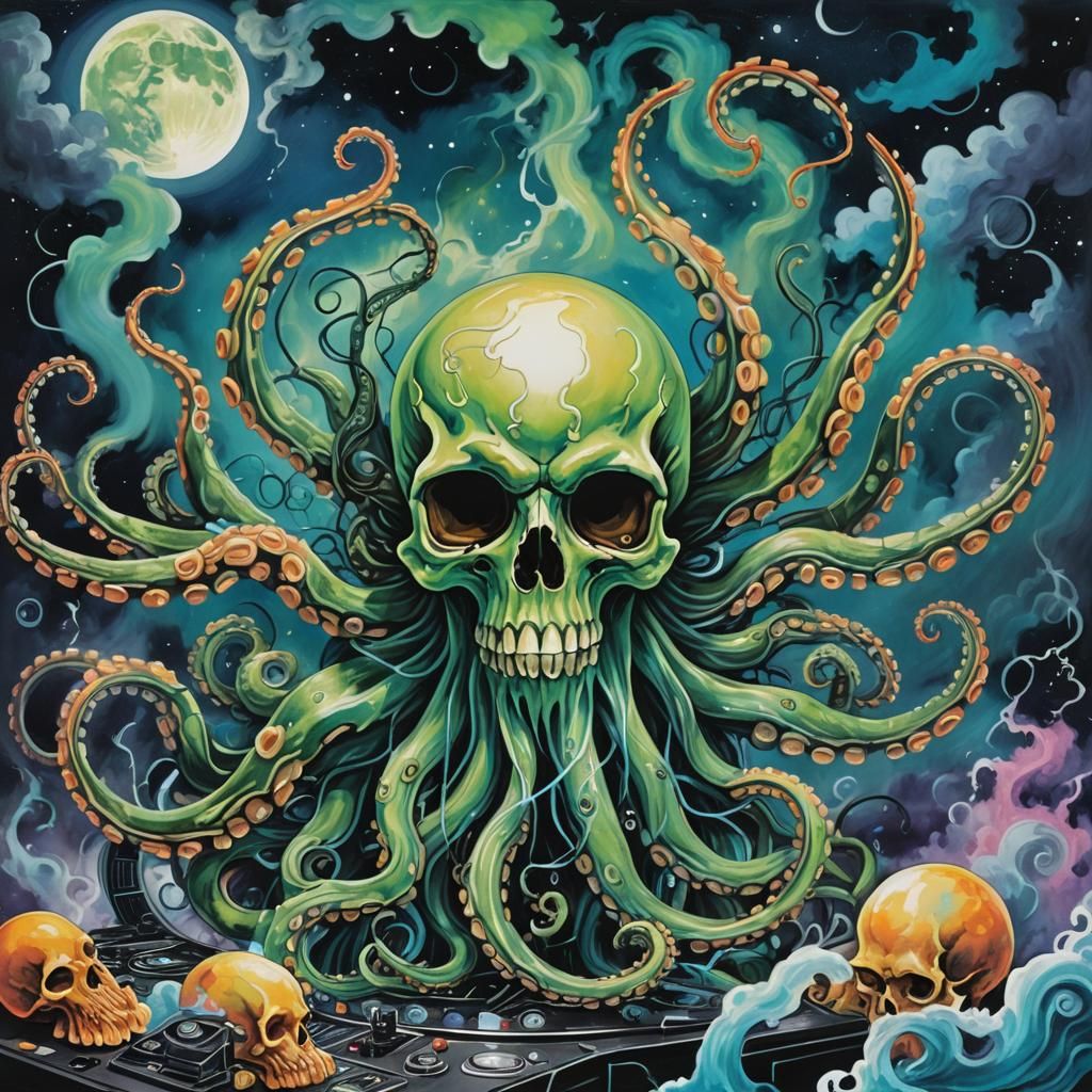 Skull Octopus DJ in Vibrant Gouache Art