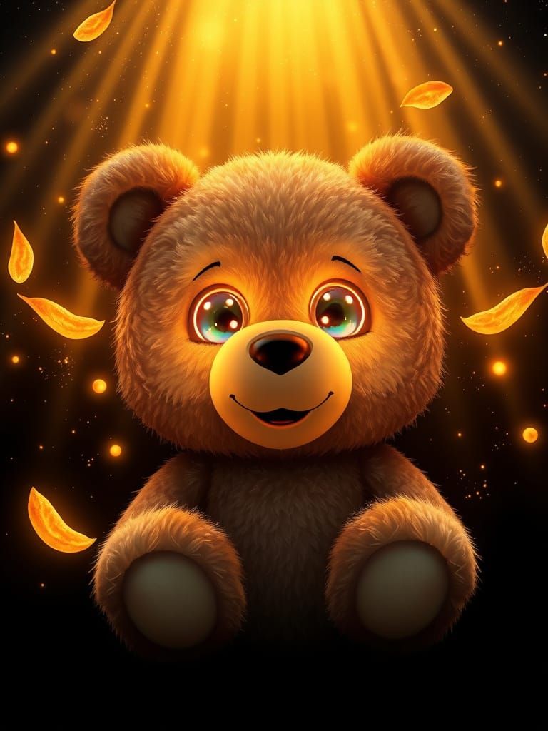 Happy Teddy Bear in Cosmic Light with Falling Petals