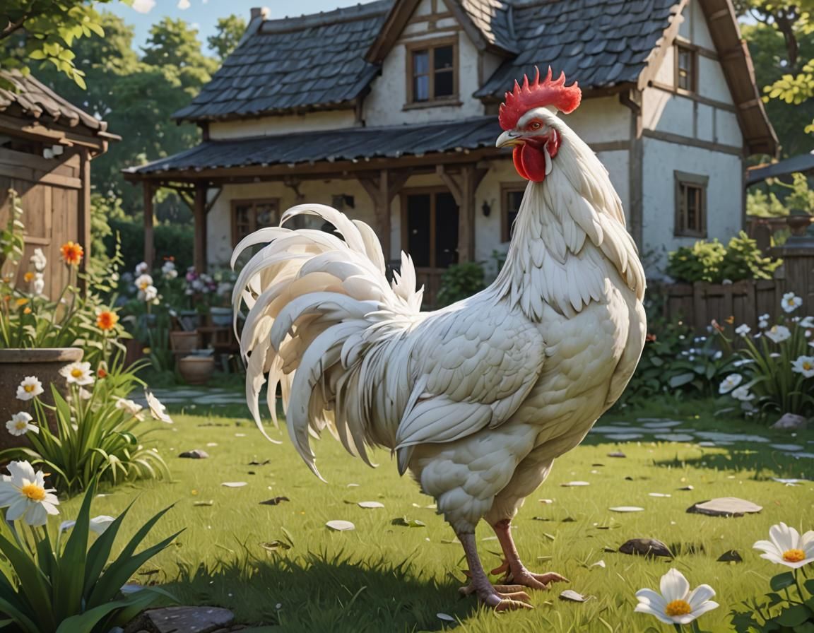 White Cockerel Chicken in Anime Style