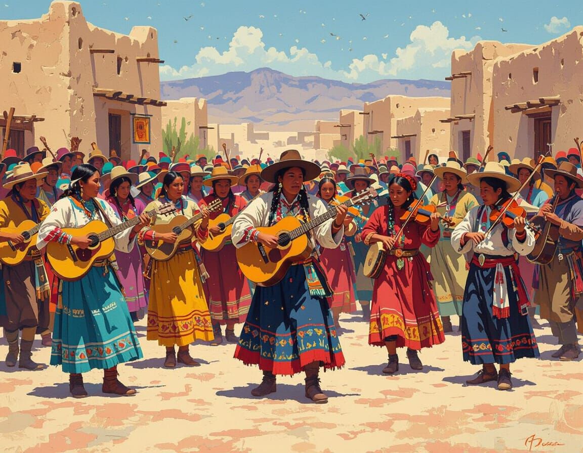 Vivid Pixel Art of Pueblo People Dancing