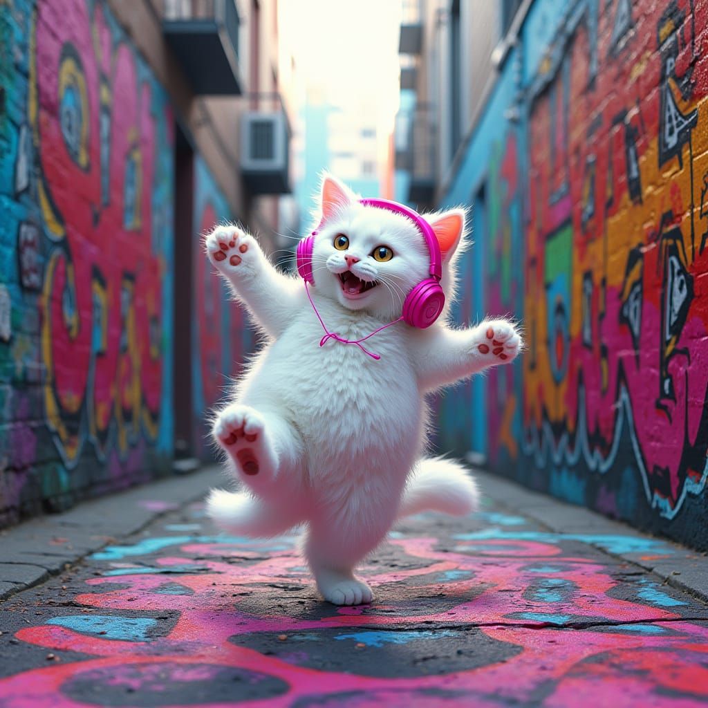 Futuristic Feline Breakdancer in Graffiti Alley