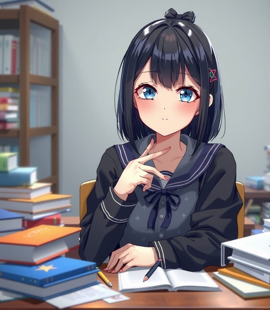 Anime Girl Smiling Mischievously at School Desk