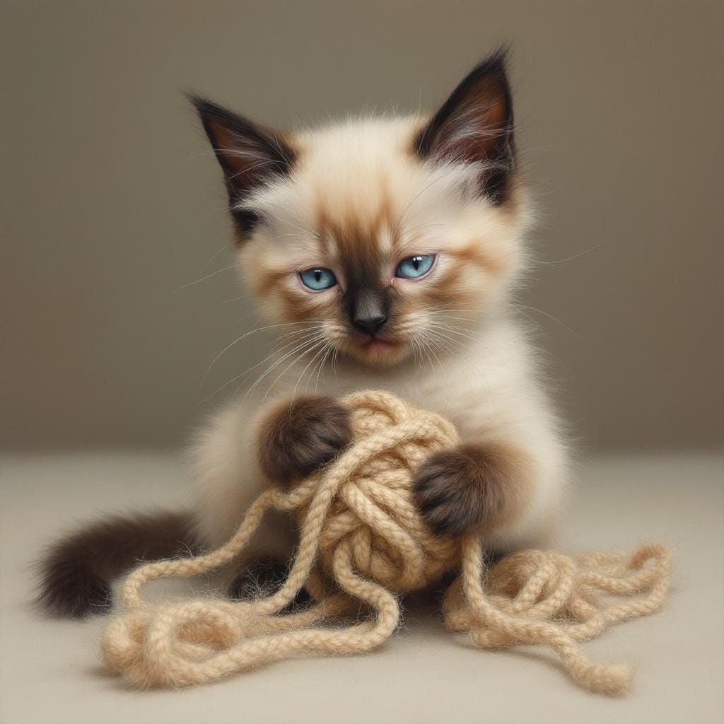 Siamese Kitten Plays with Yarn: Oil Painting