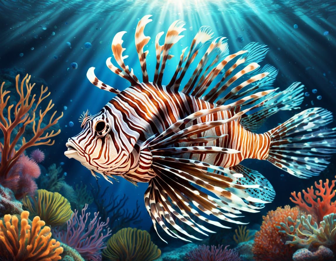 Bioluminescent Lionfish in Vibrant Coral Reef