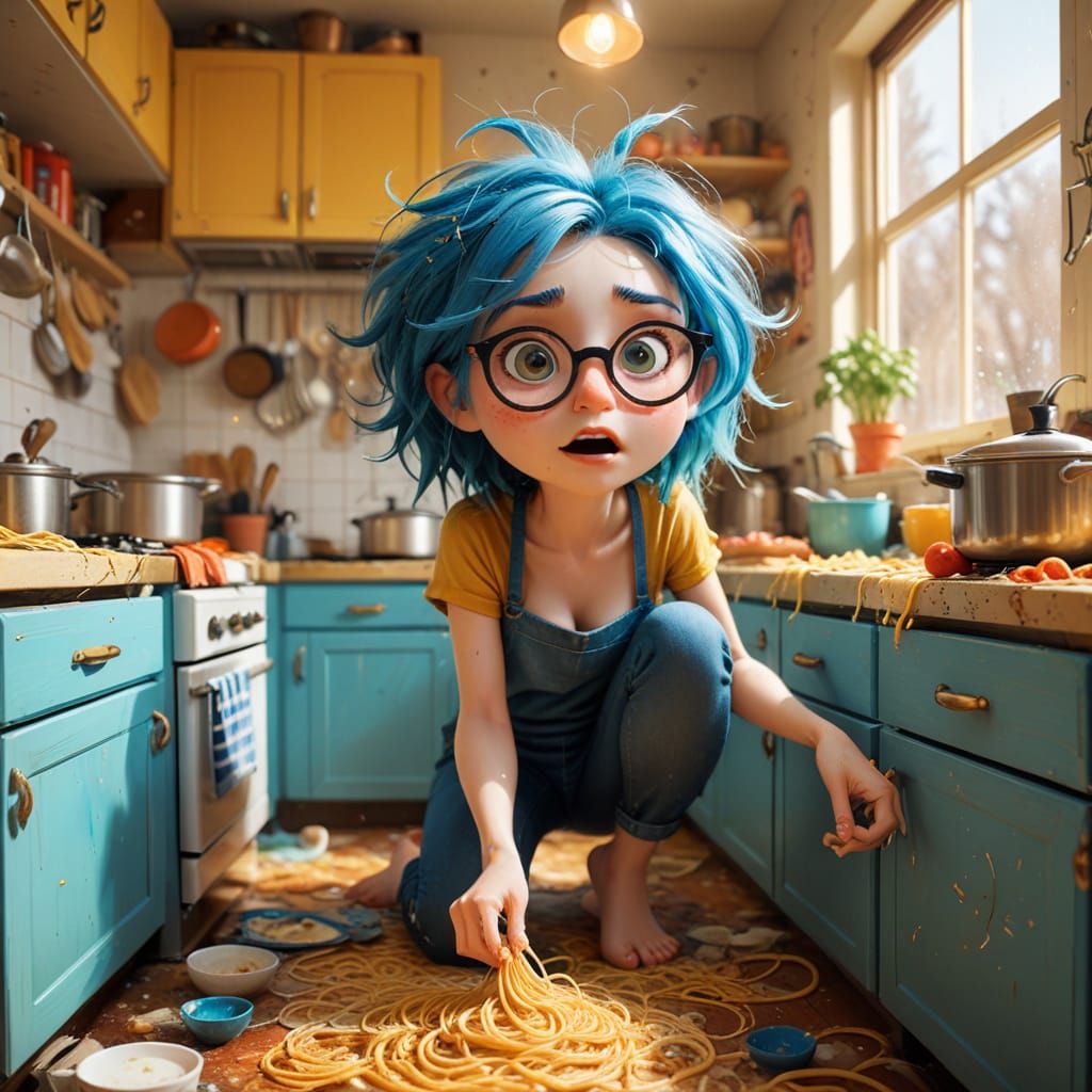 Whimsical Blumph's Spaghetti Heist in a Modern Kitchen