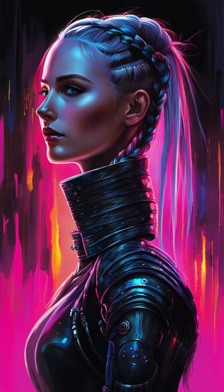 Cyberpunk Girl with Neon Hair and Armor