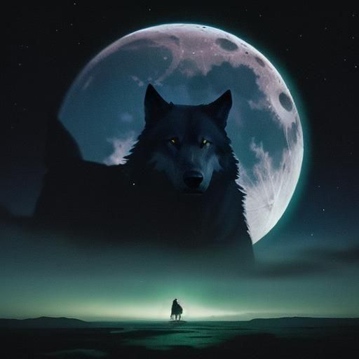 Dramatic Moonlit Wolf Silhouette with Aurora Borealis