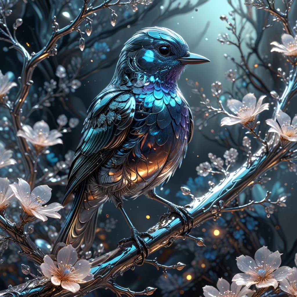 Surreal Fantasy Masterpiece: Chrome Flowers Bloom in Iridesc...