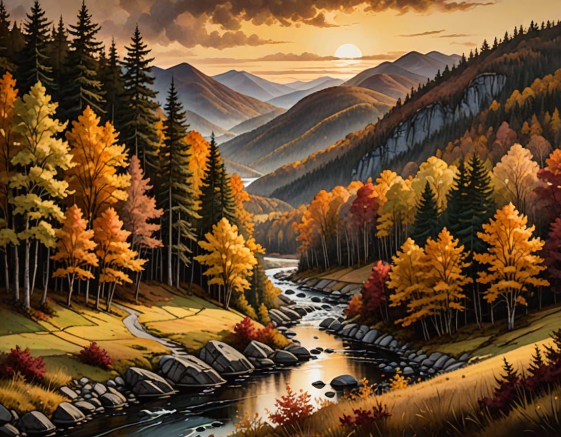 Vermont Autumn Forest Landscape in Matte Painting Style