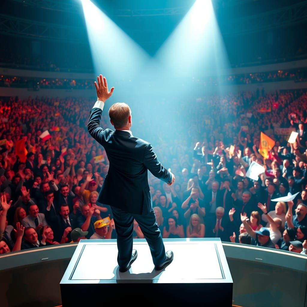 Charismatic Leader Waving to Cheering Crowd