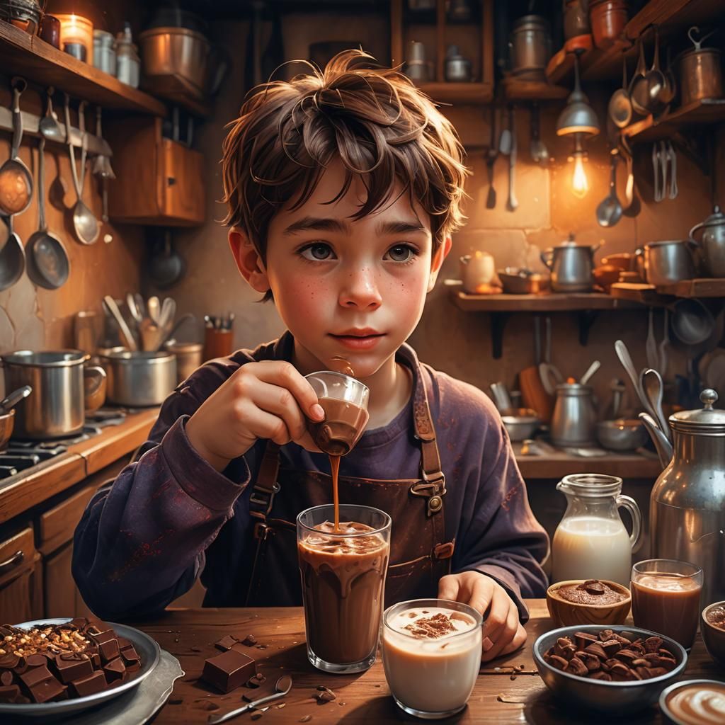 Boy Drinking Chocolate Milk in Cozy Kitchen