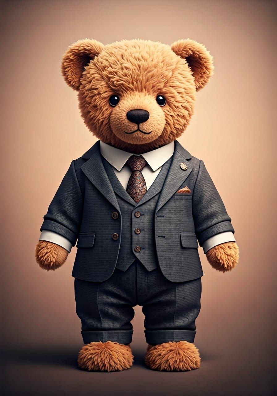 A cute teddy bear, dressed in a suit and pants, on a pink ba...