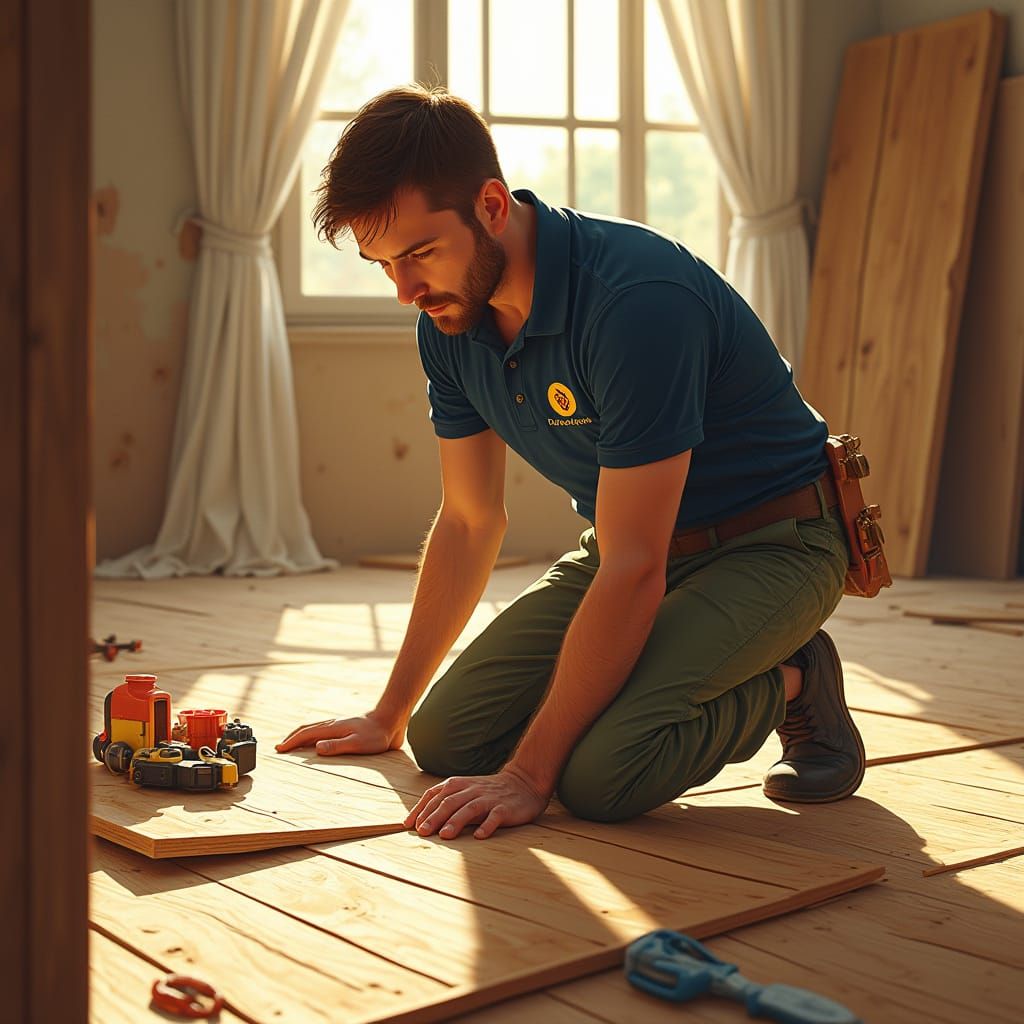 Flooring Technician Installs Parquet in Digital Art Style
